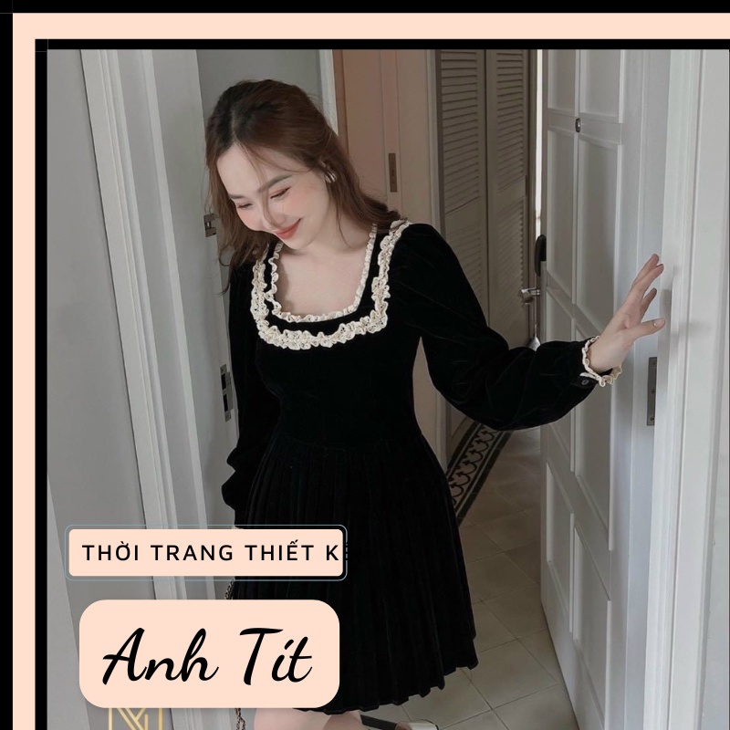 Váy nhung đen xếp ly cổ vuông phối ren dáng chữ A hàng Quảng Châu cao cấp