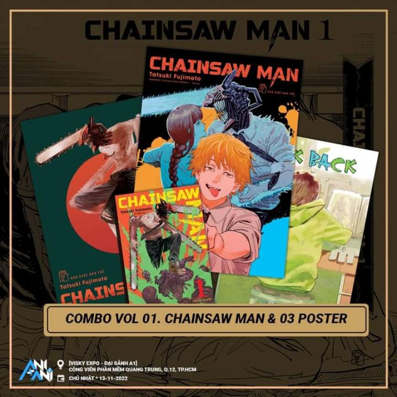 3 poster AniAni + Chainsaw man full 1-5 + Sticker + Huy Hiệu