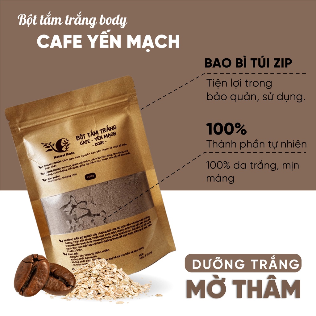 Tắm trắng da body bột tinh chất cafe yến mạch tẩy tế bào chết ủ trắng cấp ẩm làm mịn giảm thâm 100g VanCoi