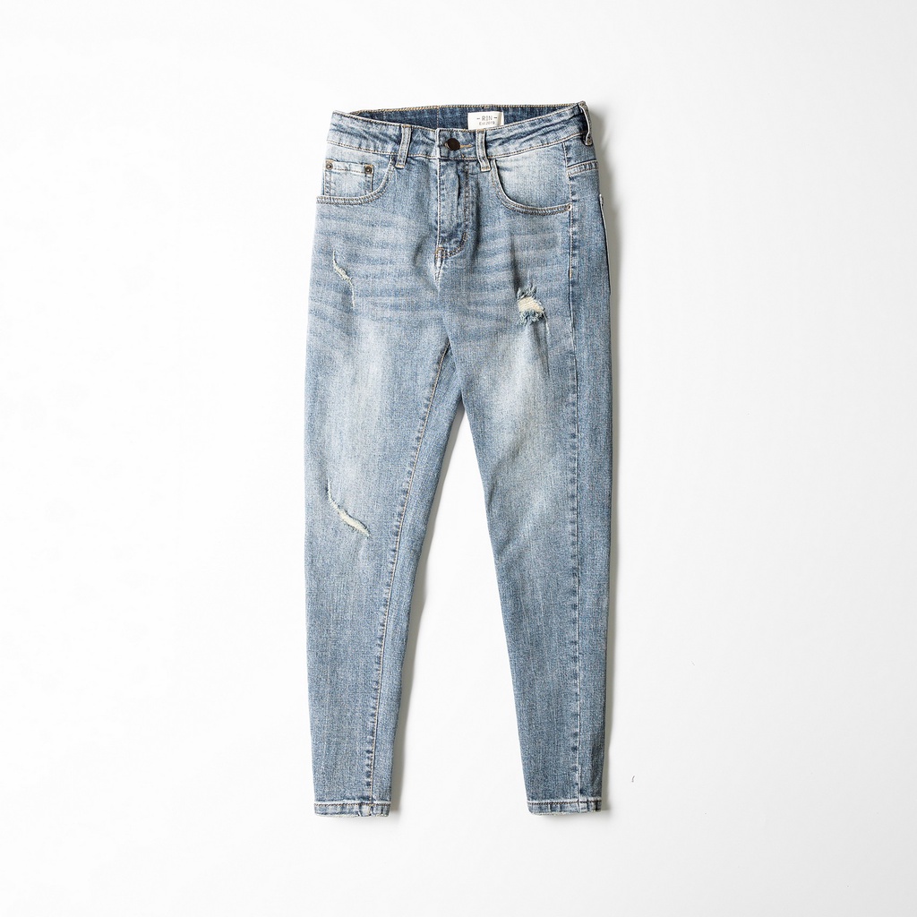 Ri1007 Quần jeans xanh mài gối đơn giản