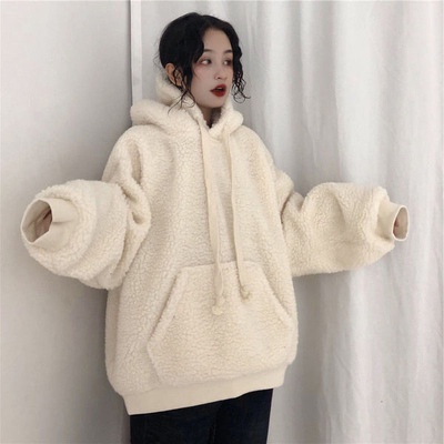 Áo khoác hoodie lông cừu form rộng có mũ phong cách Hàn Quốc, màu trắng cho nàng mùa đông ấm áp.TH66