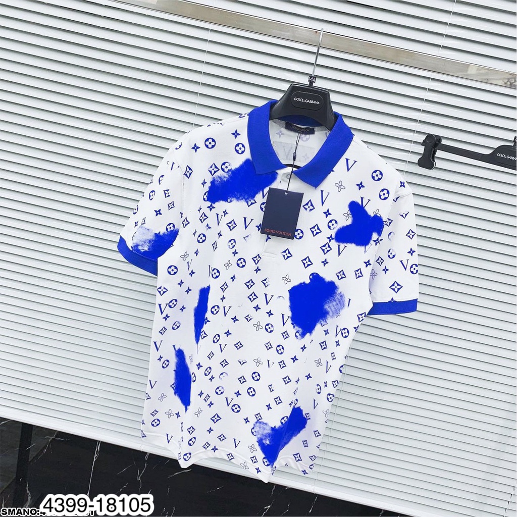 [Siêu Sale] Áo Polo Nam Trắng Loang Xanh In Chữ LV Chất Mát Mịn