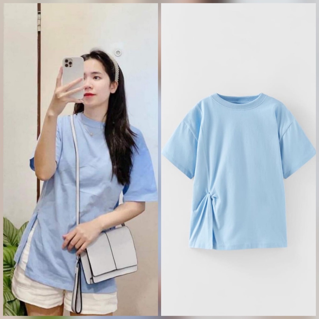 ZARA Authentic- Áo thun nhún eo màu xanh size 11-12Y, sz 13-14Y