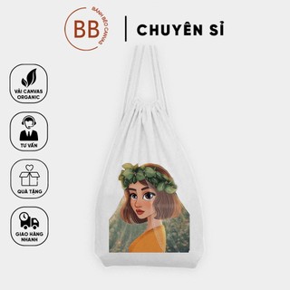 Balo dây rút vải, chất liệu vải canvas, vải bố, giá rẻ họa tiết CÔ GÁI VÀ HOA