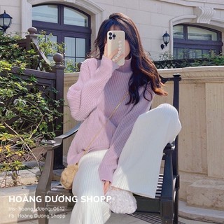 Áo len cổ cao trơn dáng rộng chất dày dặn, áo len tím nhạt cổ cao 3 phân phối quần ống rộng
