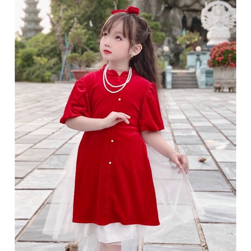 Áo Dài Cách Tân Bé Gái 2023, Cách Tân Nhung Đỏ Thẫm Kèm Vòng Cổ Và Bờm Ngọc Nơ Đỏ Xinh Xắn
