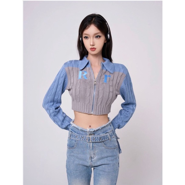 Áo khoác ZHELIHANGFEI tay dài cổ POLO có khóa kéo thời trang phong cách cho nữ