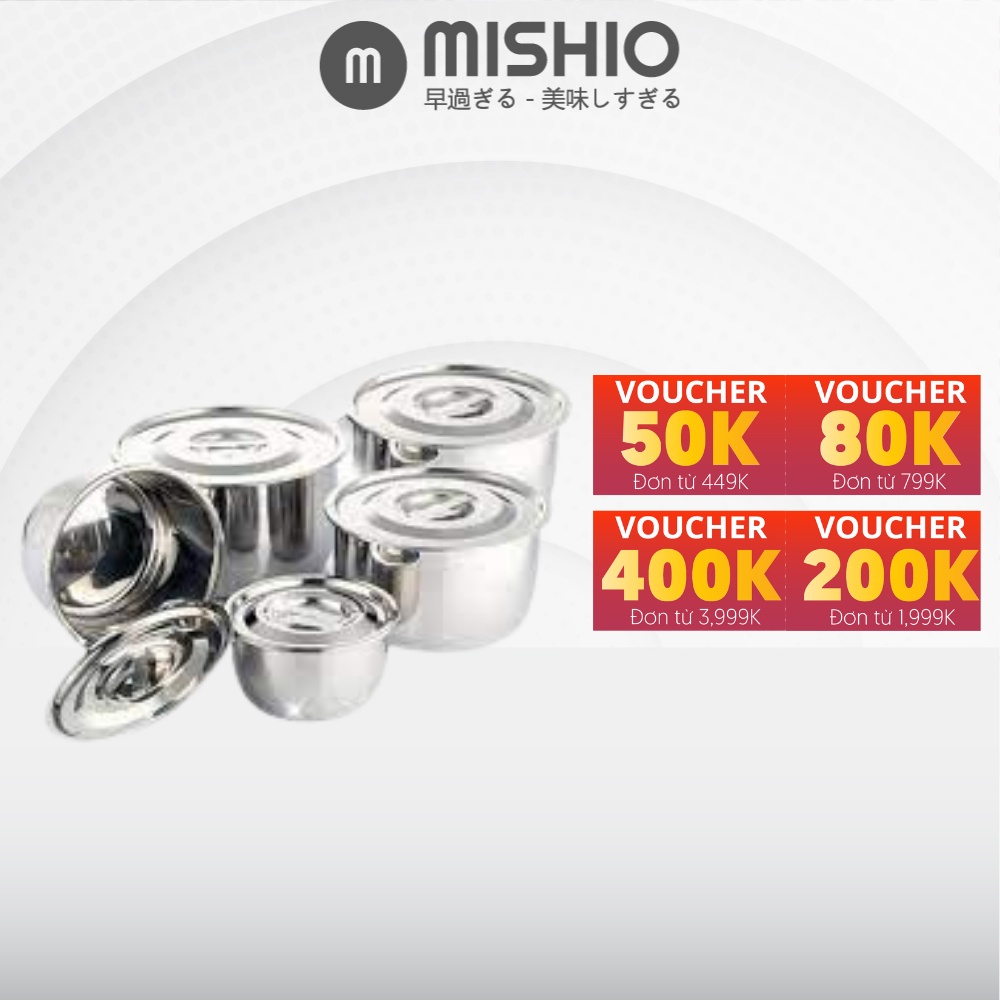 Bộ 5 nồi inox Mishio MK124 14/18/22/26/30 cm - dùng được trên bếp từ, đi kèm xửng hấp - khuyến mãi tới 31/5