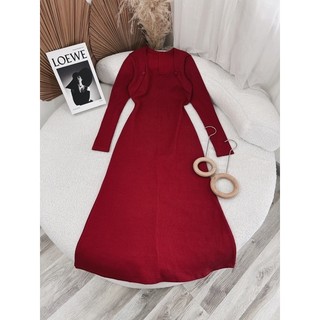 ĐẦM GÂN LEN ĐỎ NÚT BỌC TAY DÀI ( chuyên sỉ)
