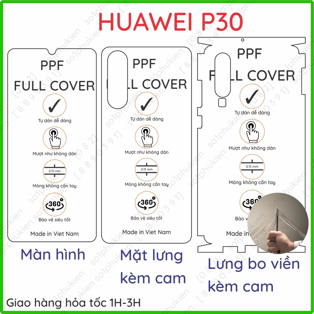 Dán PPF Huawei P30 / P30 Lite loại trong, nhám dành cho màn hình, mặt lưng, full viền