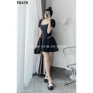 [11.11 Sales Freeship] Đầm tiểu thư nữ, đầm gấm midi cổ vuông tay phồng, đầm xòe  chất gấm đính cườm sang chảnh dx