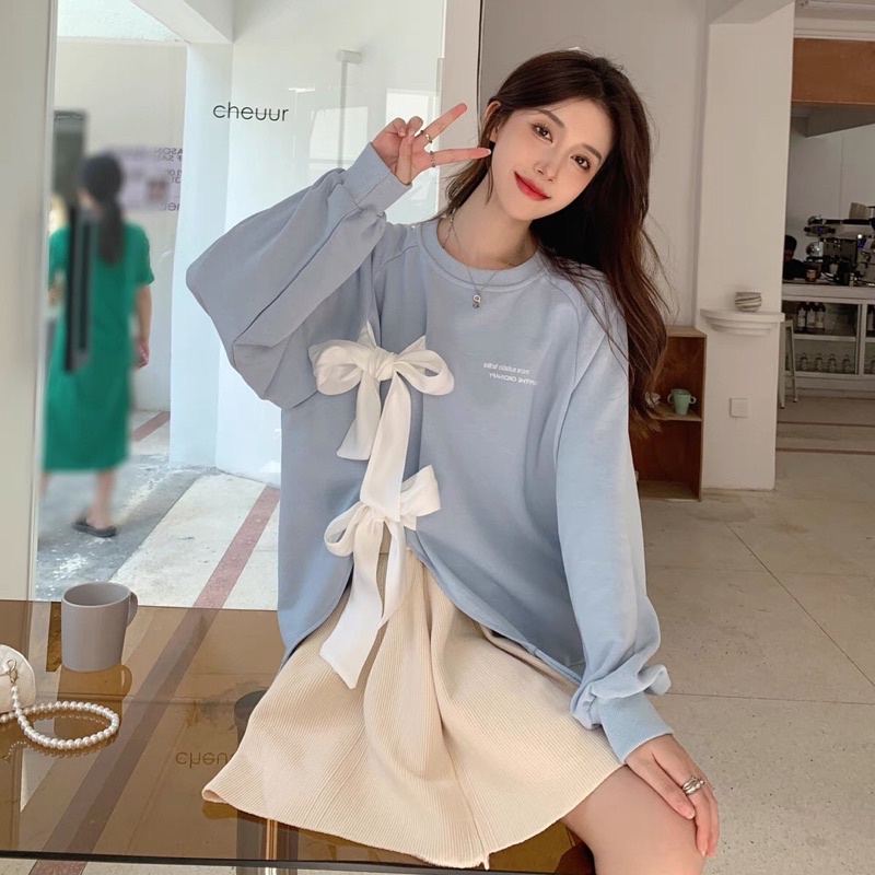 Váy thu đông áo sweater tiểu thư buộc nơ + chân váy cạp chun co giãn