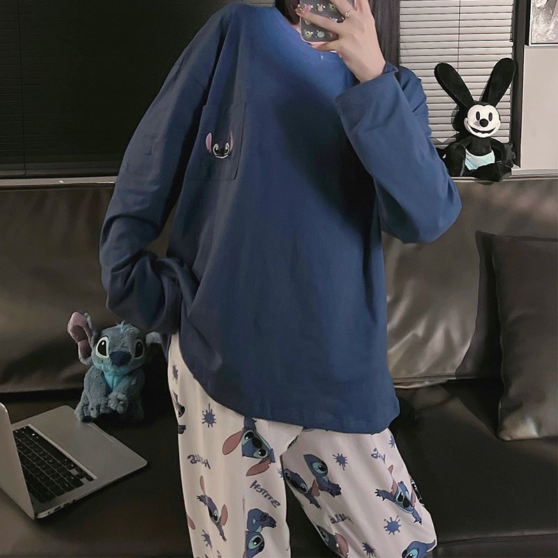 Bộ Đồ Ngủ In Hoạt Hình Stitch Phong Cách Nhật Bản Dễ Thương Thời Trang Xuân Thu Cho Nữ