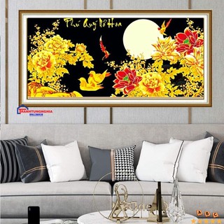 Tranh đính đá, tranh thêu chữ thập phú quý nở hoa 1m40 x 65cm