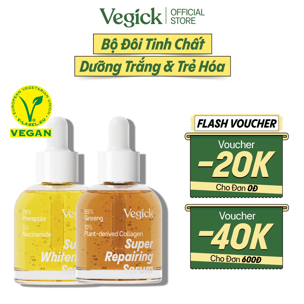 Bộ Đôi Vegick Tinh Chất Dứa Dưỡng Trắng 30ml & Tinh Chất Nhân Sâm Trẻ Hóa 30ml