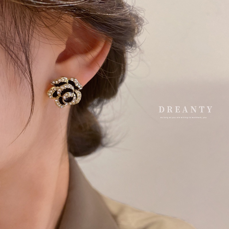 Bông Tai Mạ Bạc / Đen Hình Hoa Trà Đính Kim Cương Giả Kiểu Pháp Đơn Giản Thanh Lịch