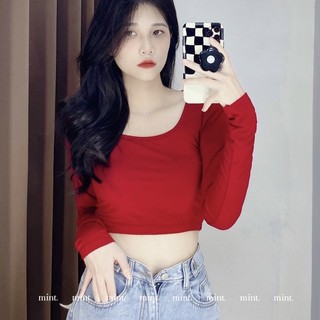 Áo thun lụa croptop nữ tay dài cổ vuông ôm dáng