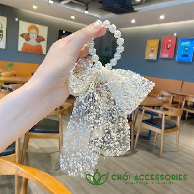 Cột tóc nơ - dây buộc tóc ren ngọc trai nhân tạo Hàn Quốc rủ dài nữ tính - K400