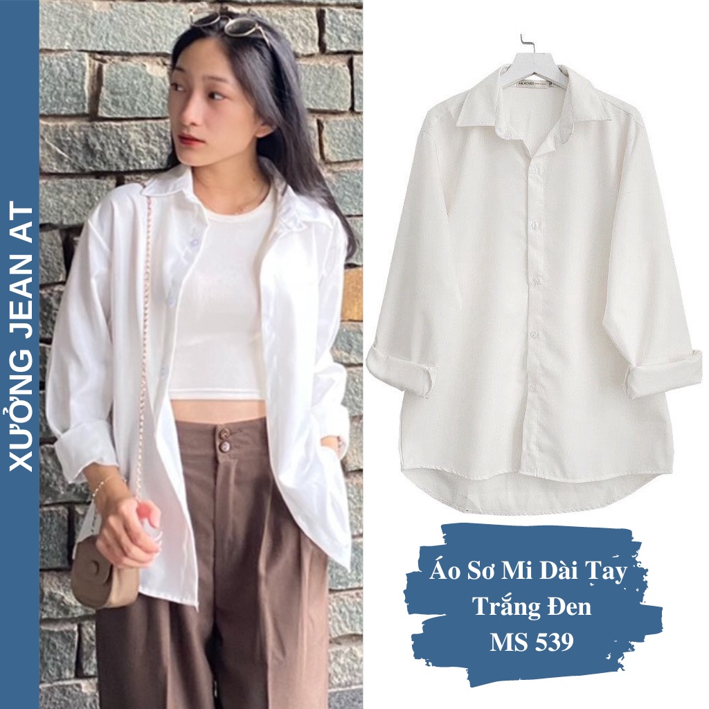 Áo Sơ Mi Nữ Form Rộng Dài Tay Cotton Lụa Hàn Unisex Màu Trắng Đen Đi Học, Đi Làm, Văn Phòng, Công sở Cực Xinh 539