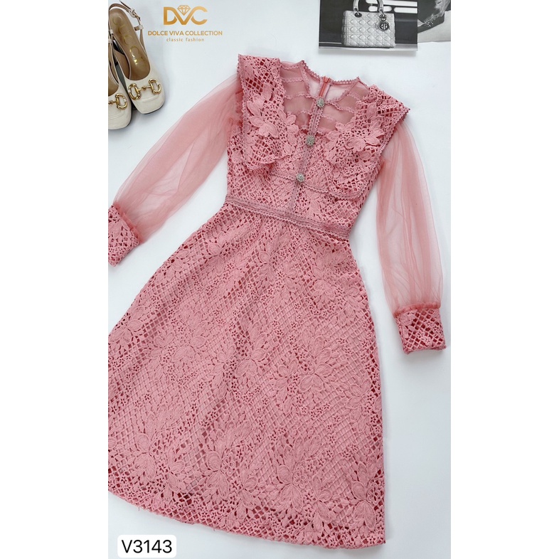 VÁY REN HỒNG DÀI TAY PHỐI VOAN KÈM TAG CÀI ĐÁ V3143-DVC