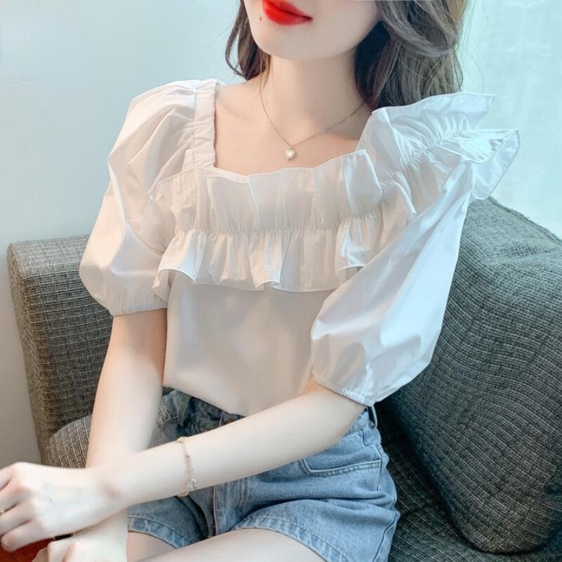 Áo Sơ Mi Trắng Tay Ngắn Dáng Rộng Phong Cách Hàn Quốc Thời Trang Mùa Hè Đơn Giản Cho Nữ
