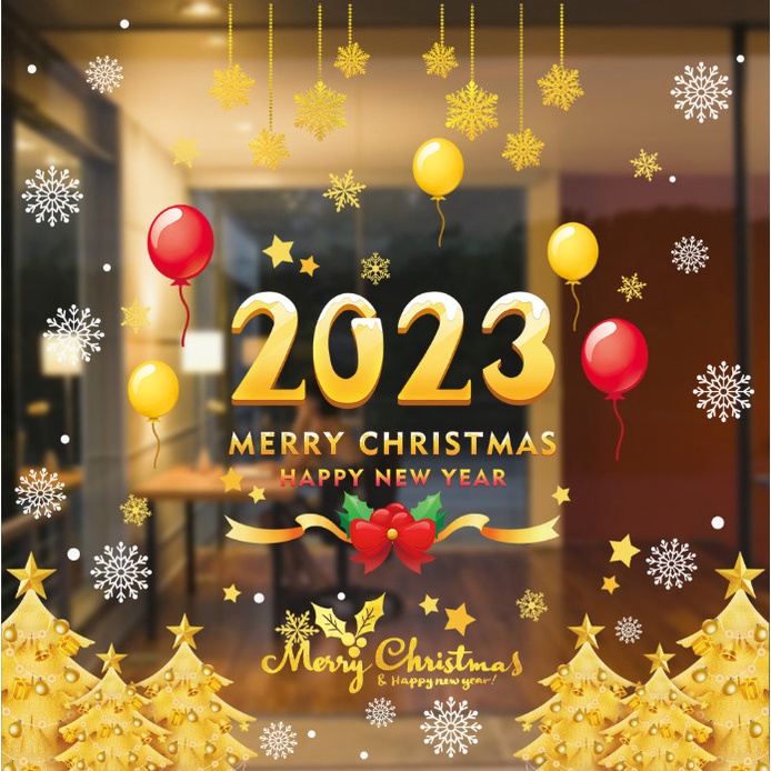 Combo Decal trang trí Noel hít tĩnh điện  - 2023 phối rừng thông Vàng nổi bật ( 2 TẤM )