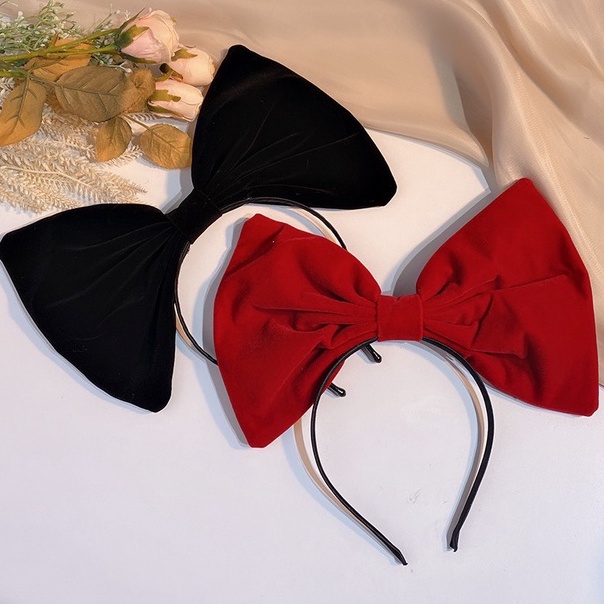 Bờm tóc nơ nhung, băng đô cho bé gái phom nơ siêu to màu đen và đỏ - L002