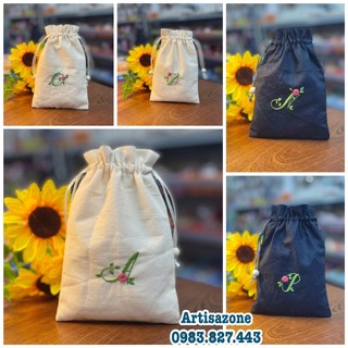 Túi vải dây rút mini thêu chữ cái - Kích thước: 11cm x 14cm- 01 chiếc (Đọc kỹ mô tả sản phẩm)