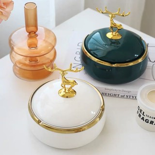Gạt tàn sứ có nắp đậy hình hươu decor