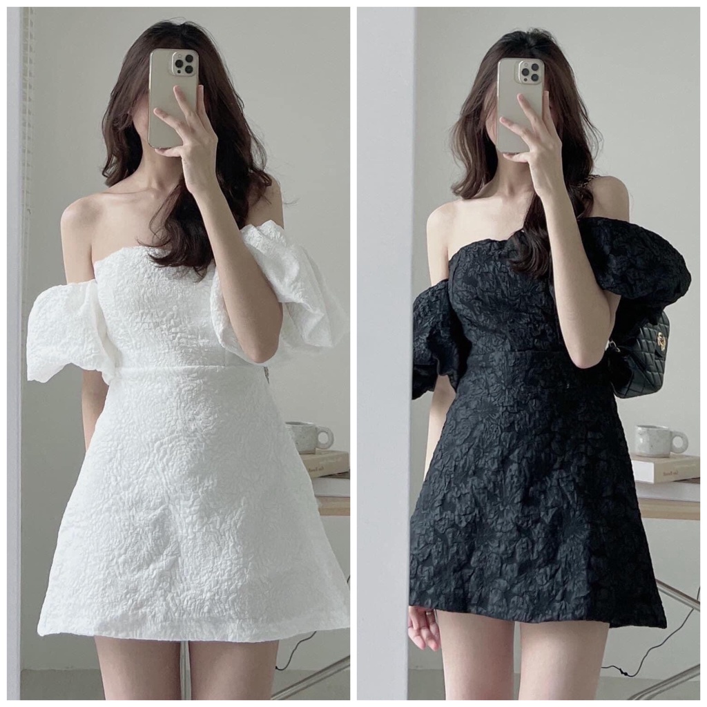 Váy Công Chúa Trễ Vai Tay Bồng - Đầm Gấm Hoa Nổi Tay Bồng Trễ Vai Tiểu Thư Sang Chảnh Dư Tiệc Sẵn Mút Ngực Na Bé Fashion