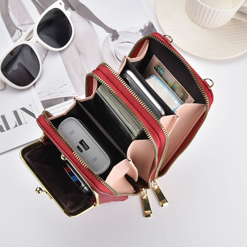 Ielgy Túi Đeo Chéo Đựng Điện Thoại Họa Tiết Vân Vải Có Khóa Kéo Đôi Phong Cách Hàn Quốc Dành Cho Bạn Nữ