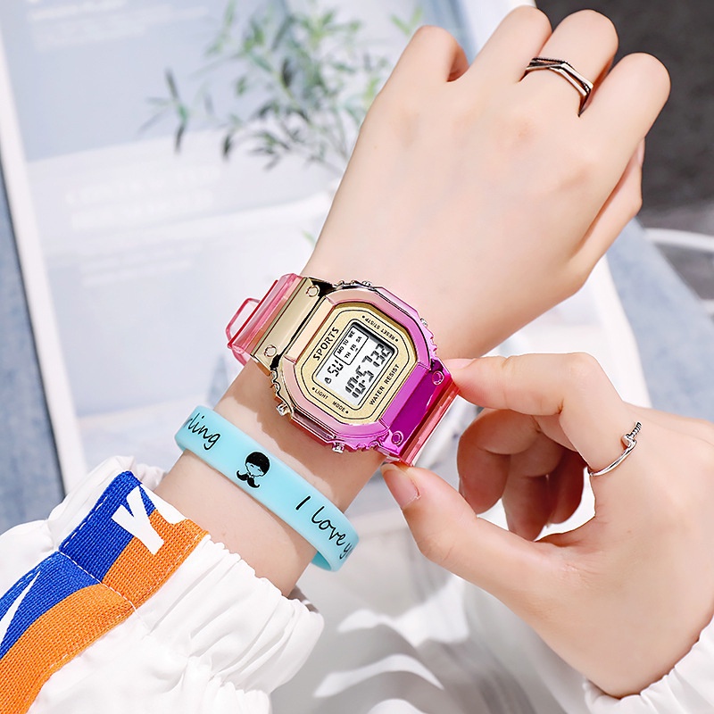 Mới Đồng Hồ Điện Tử Mặt Vuông Nhỏ Chống Nước Nhiều Màu Sắc Phong Cách Hàn Quốc ruiyan