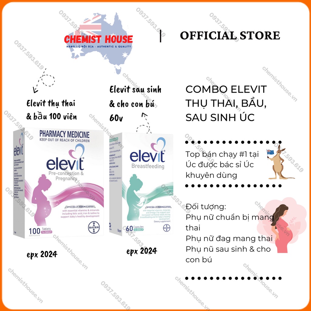 Trọn Bộ Elevit Thụ Thai, Elevit bầu, Elevit bú Sau Sinh Úc - Elevit Pregnancy Multivitamin &amp; Elevit Breastfeeding