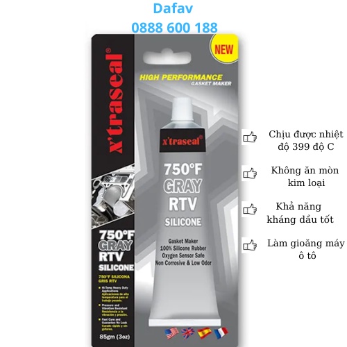 Keo Dán Gioăng Ô Tô,Xe Máy Chịu Nhiệt X’traseal 750 ĐỘ F GRAY RTV Silicone (tạo thành gioăng cao su có độ bền cao)