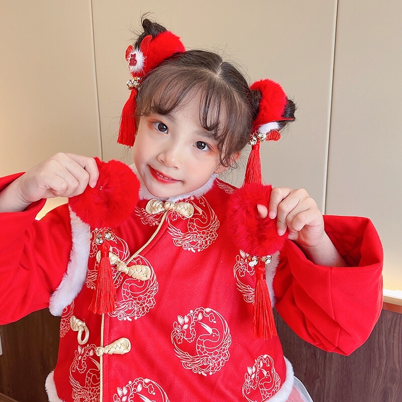 Dây Cột Tóc Đính Bóng Lông Tua Rua Màu Đỏ Phong Cách Trung Hoa Dễ Thương