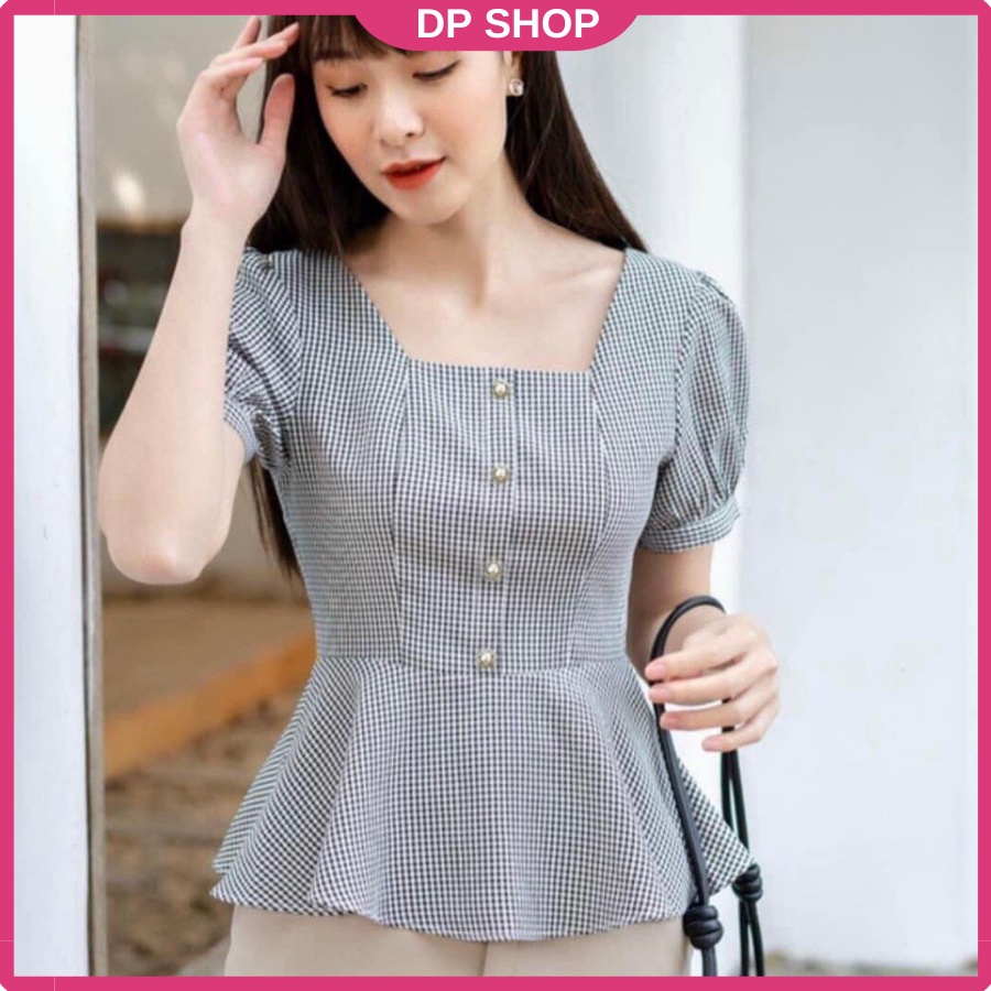 [ TẶNG QUÀ] Áo Peplum Nữ Caro Cổ Vuông Công Sở BIGSIZE (55-90Kg) DP0005 - DP Shop