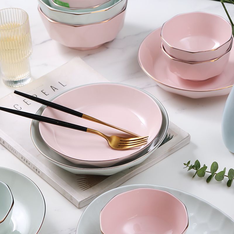 Chén bát sứ kim cương hồng viền vàng sang chảnh, bát đĩa gốm sứ cao cấp