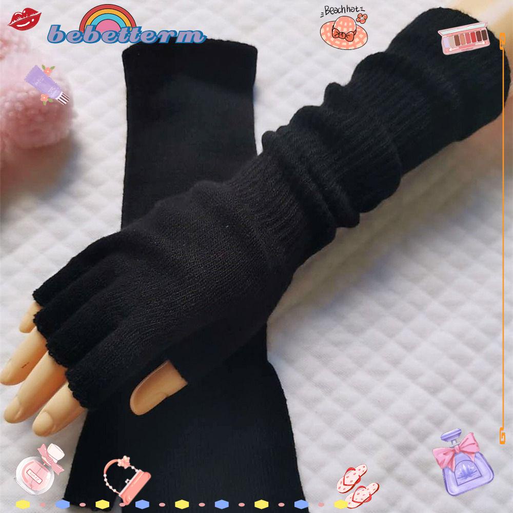 Bebetterm 1 Pair Half Finger Gloves Elastic Unisex Pure Black Knitted Arm Warmers Accessories