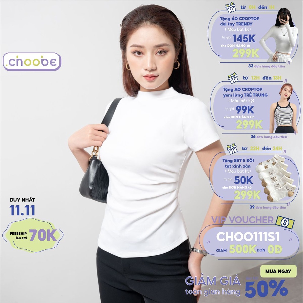 Áo phông nữ Choobe cộc tay cổ cao dáng xếp ly eo ôm body trơn màu đen trắng cam xanh A59