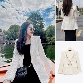 (2 MÀU) ÁO KHOÁC BLAZER ZARA XUẤT DƯ TUỒN VẢI DỆT VẠT ĐẮP CHÉO NÂU/TRẮNG - 7553/460
