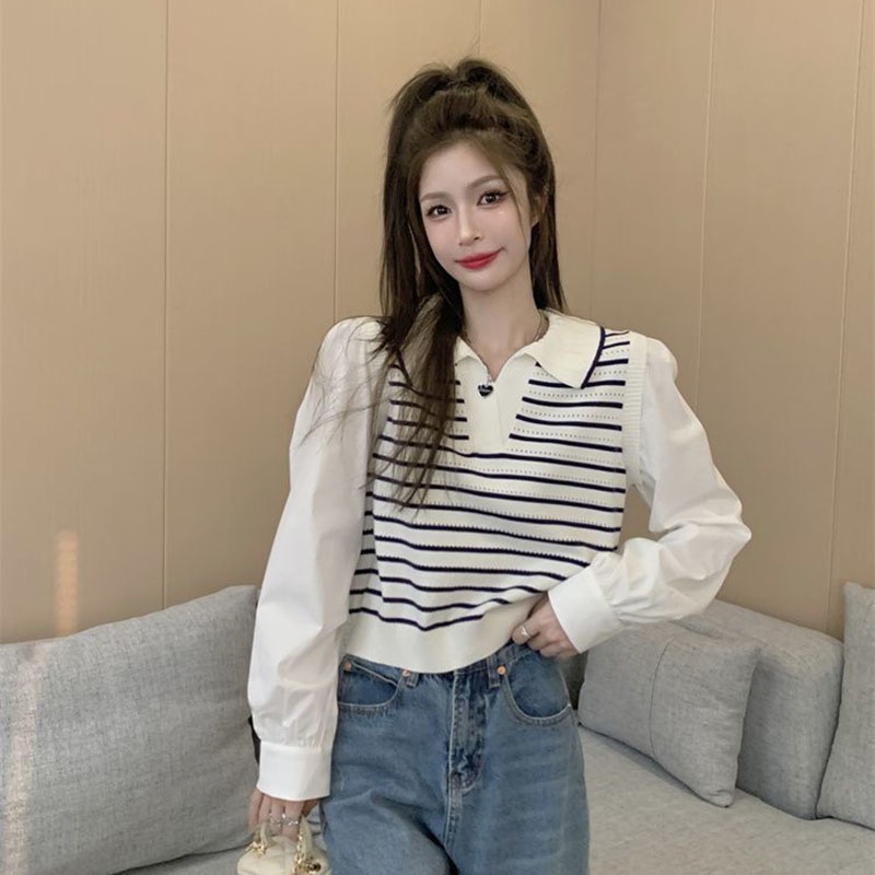 IELGY IELGY Áo Sơ Mi Tay Dài Cổ polo Mỏng Ghép Vải Họa Tiết Kẻ Sọc Cho Nữ