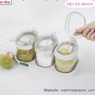 set 3 hũ đựng gia vị nhựa trắng trong suốt kèm muỗng, hũ gia vị nhà bếp cao cấp 2936