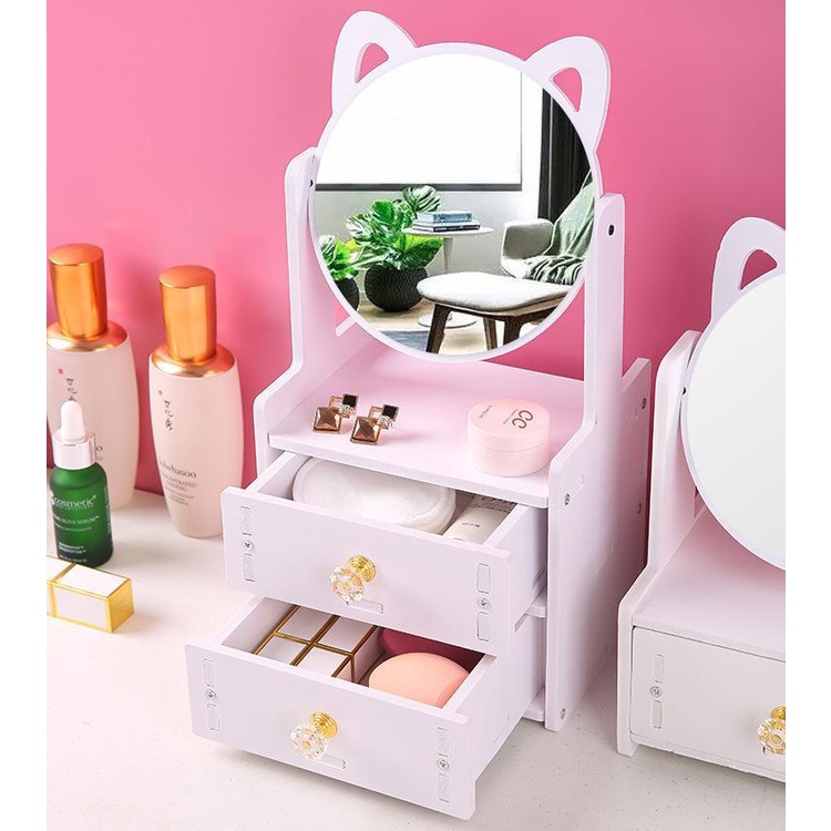 Kệ mỹ phẩm bàn trang điểm mini có 2 ngăn kéo kèm gương tai mèo dễ thương MIROHOME