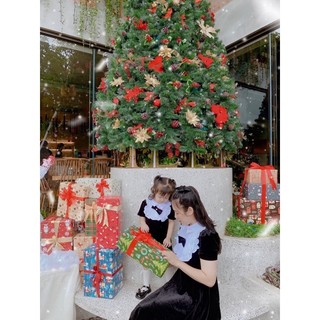 Váy đôi mẹ con Nhung cổ nơ pha bèo Trắng Tiểu thư