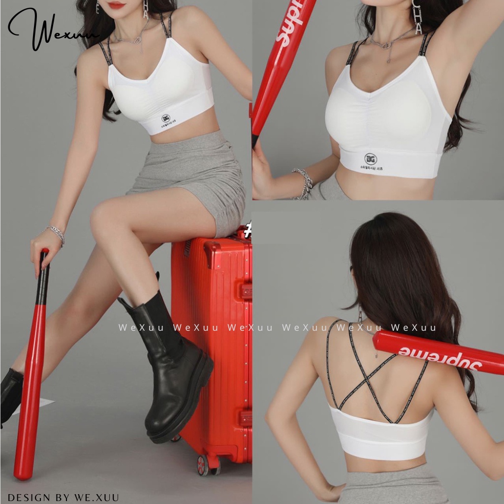 Áo bra nữ thiết kế nhúm ngực dây lưng mảnh đan chéo phối chữ dập nổi- WEXUU BR23