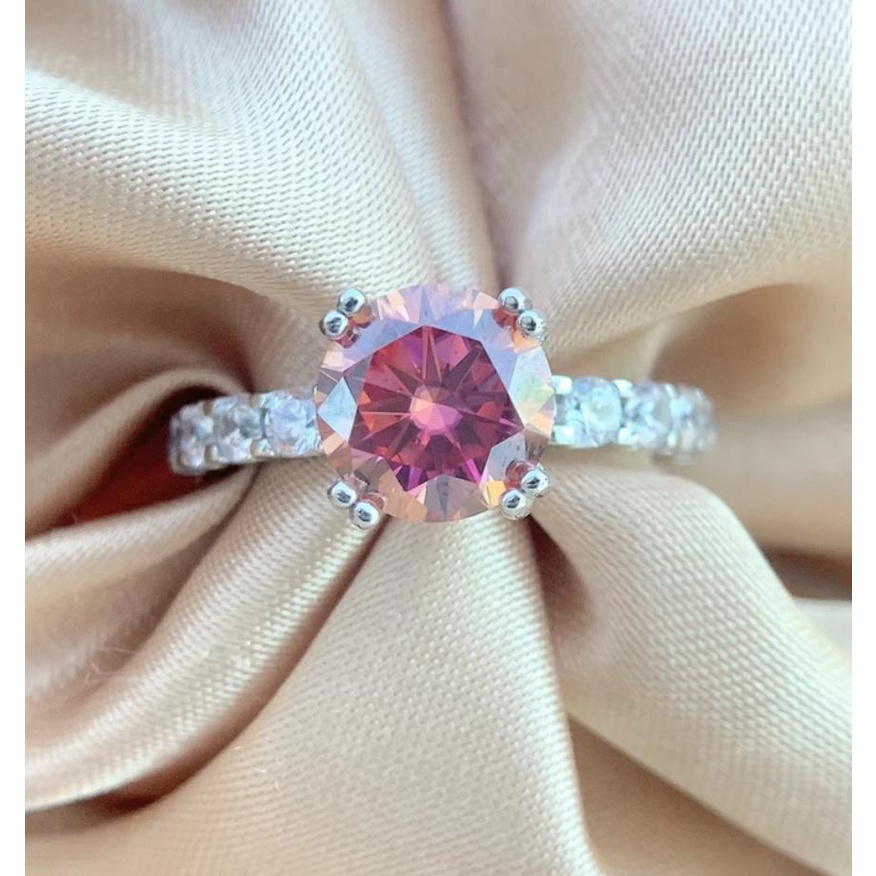 Kim Cương Nhân Tạo Moissanite Nhẫn S925 bạc tinh khiết, màu đỏ Mosant khoan (8mm)2 carat màu D có thể vượt qua bút kim cương thử nghiệm với giấy chứng nhận xác nhận nhẫn kim cương