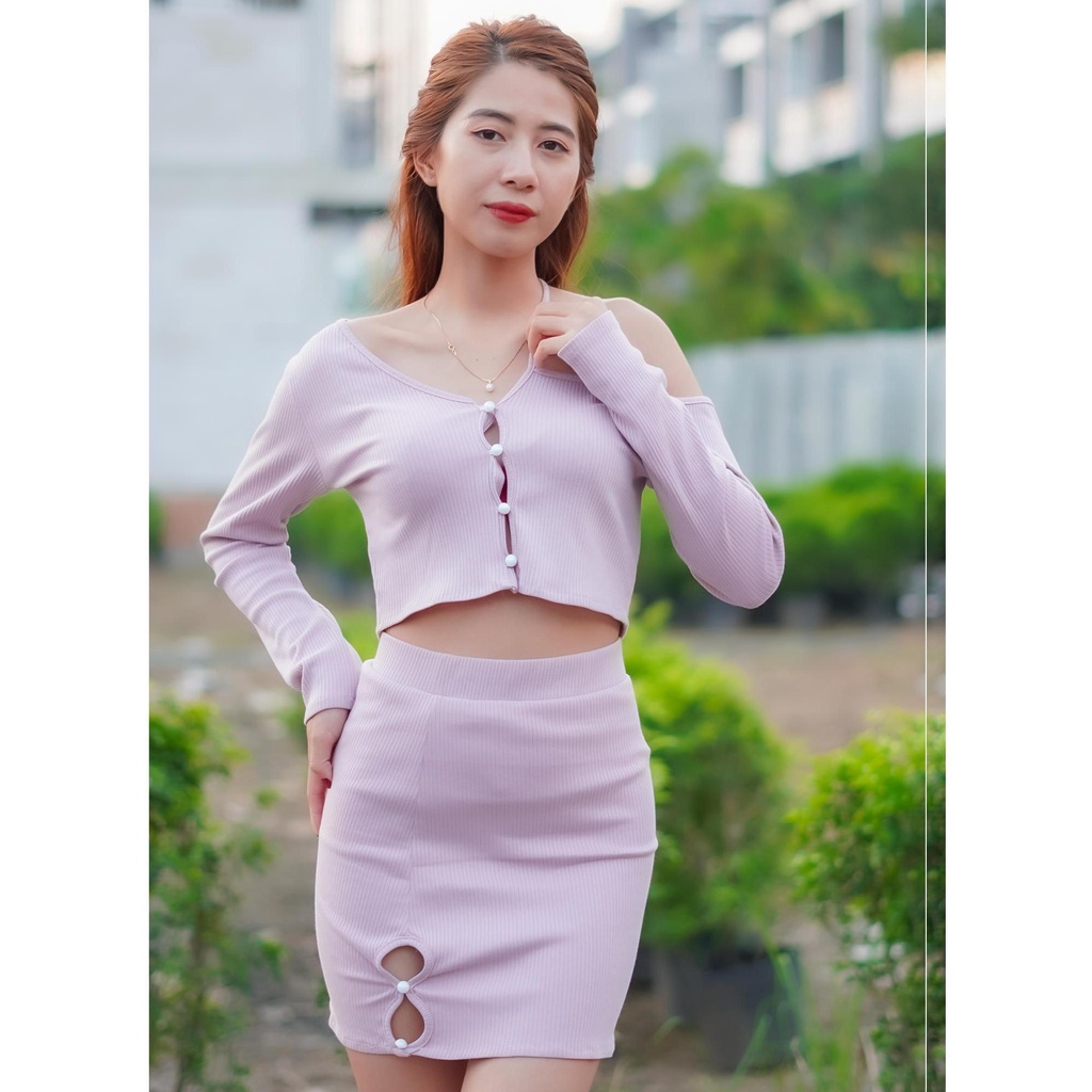 Set chân váy + áo kiểu croptop tay dài ST511