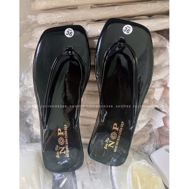 Dép nữ xỏ ngón mẫu kẹp da bóng quai mảnh mũi vuông