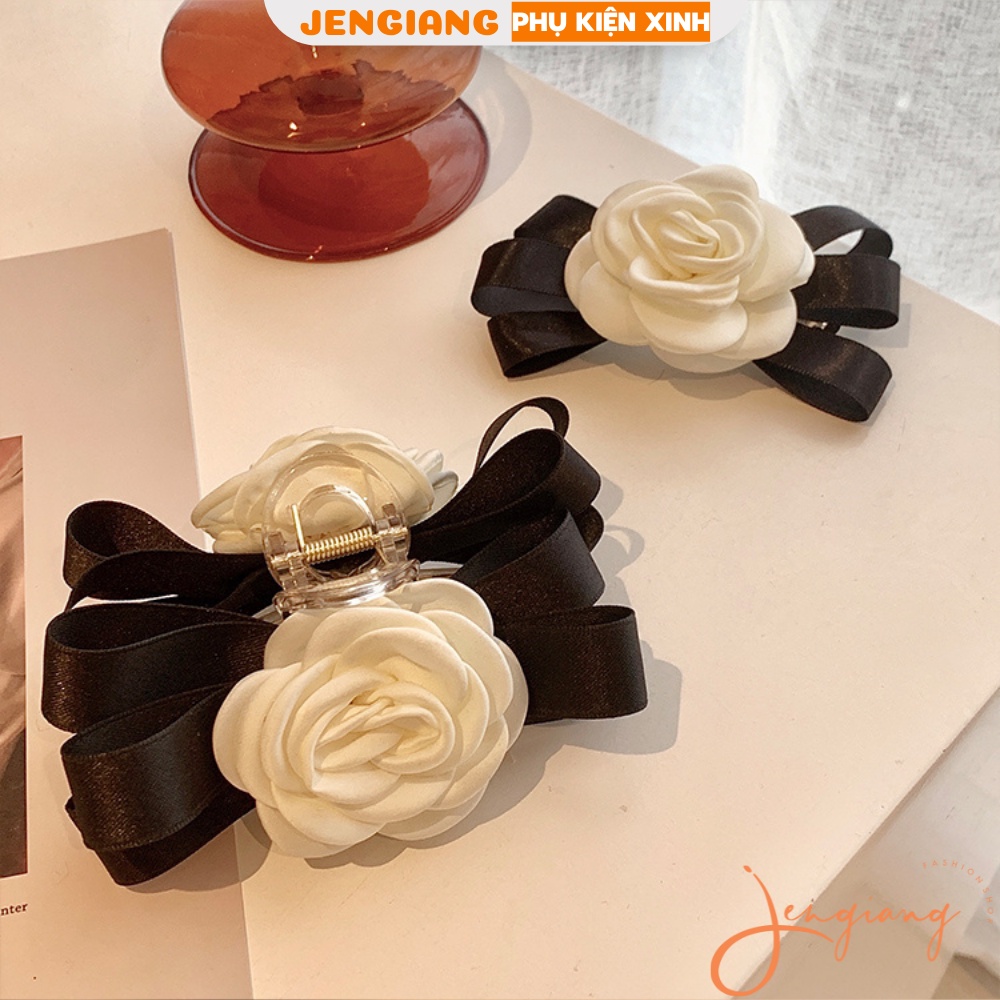 Kẹp tóc hoa trà trắng nơ đen Jengiang thanh lịch cho nữ phong cách retro dễ thương ulzzang Hàn Quốc
