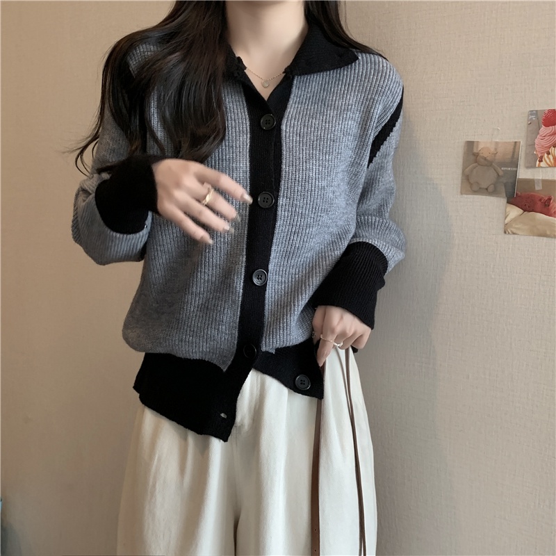 Áo Khoác Cardigan Dệt Kim Dáng Rộng Cổ Cao Màu Sắc Tương Phản Phong Cách Hàn Quốc
